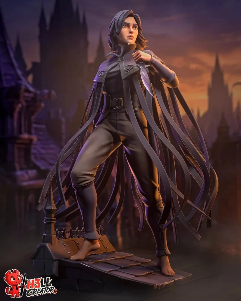 Vin Mistborn character figure with layered cloak panels on a rooftop base