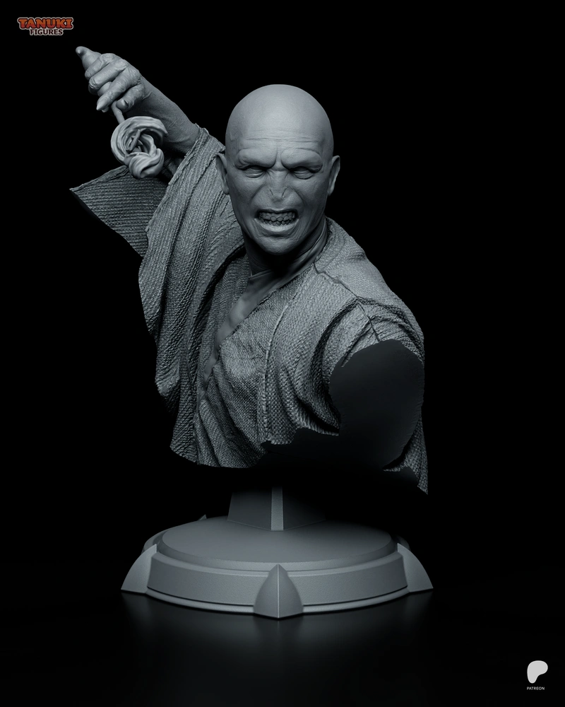 Voldemort Harry Potter bust with raised wand and textured robe
