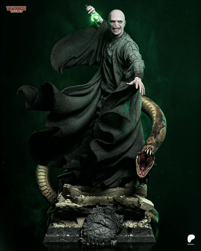 Voldemort figure with raised wand, flowing robes, serpent and stone base
