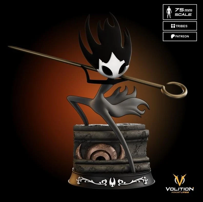 Phantom from Hollow Knight posed with a long staff on an ornate display base