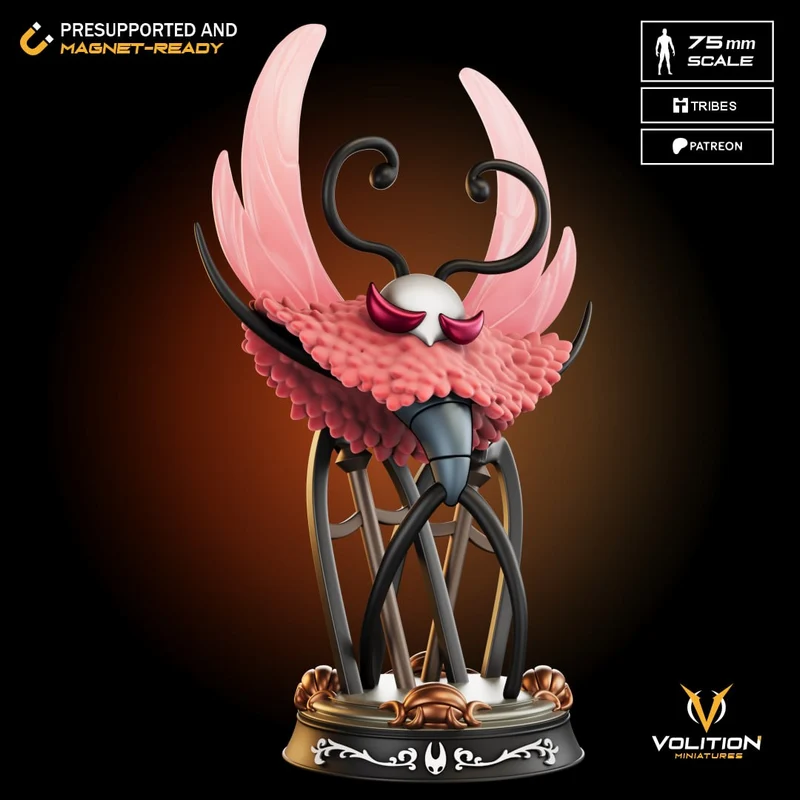 Hollow Knight figure with a horned white mask, pink wing-like mantle, tendrils, and ornate pedestal