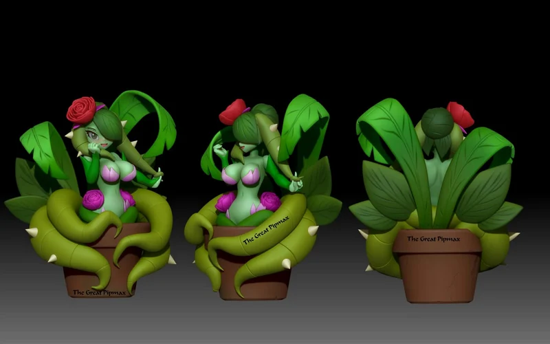 Water Lily Siren fantasy figure with green-haired woman, leaves, curling vines, flowers, and a flowerpot