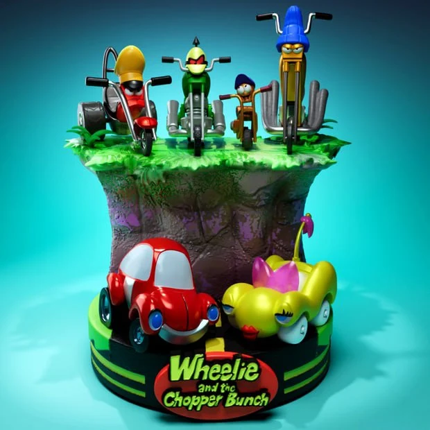 Wheelie and the Chopper Bunch cartoon motorcycles and cars on a floating island base