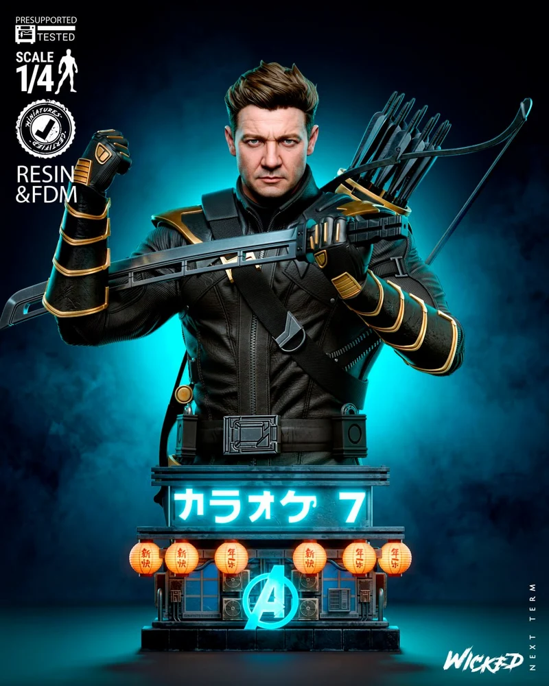 Clint Barton Ronin bust with bow, arrows, armor, and Marvel-themed display base