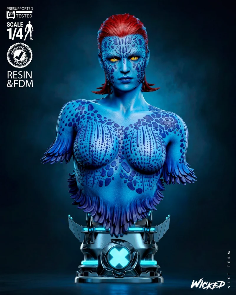 Mystique Marvel portrait bust with blue patterned skin and futuristic X display base