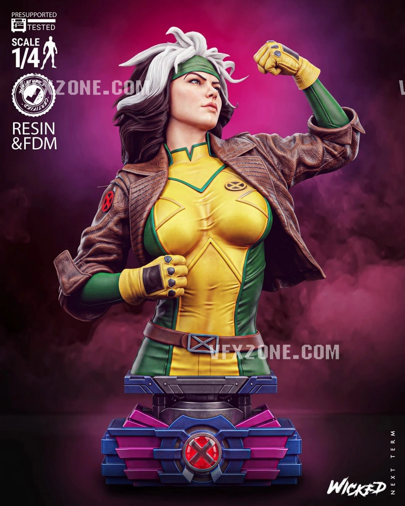 Rogue Marvel X-Men character bust with white hair, green-and-yellow suit, raised arm, and geometric display base.
