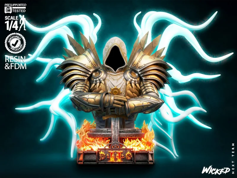 Tyrael Diablo bust with hooded armor, sword, flames, and luminous tendrils