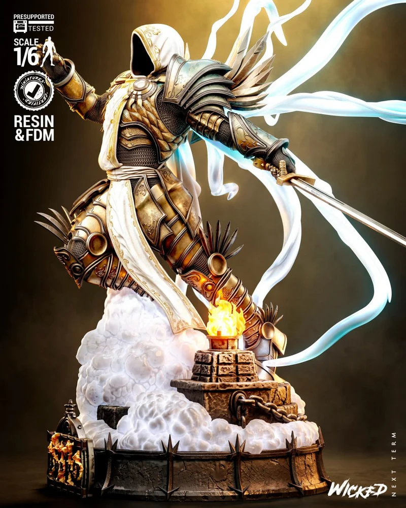 Tyrael Diablo sculpture in ornate armor with sword, wings, ribbons, and a flame-topped pedestal.