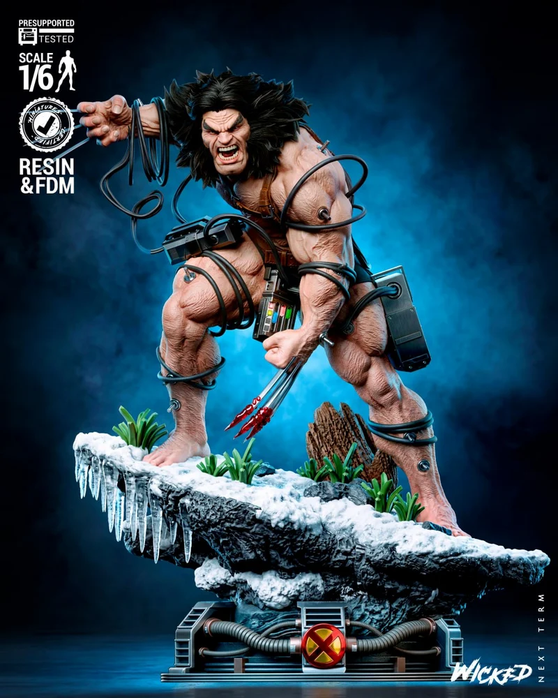 Weapon X Marvel sculpture with claws, cables, machinery, and a snowy display base