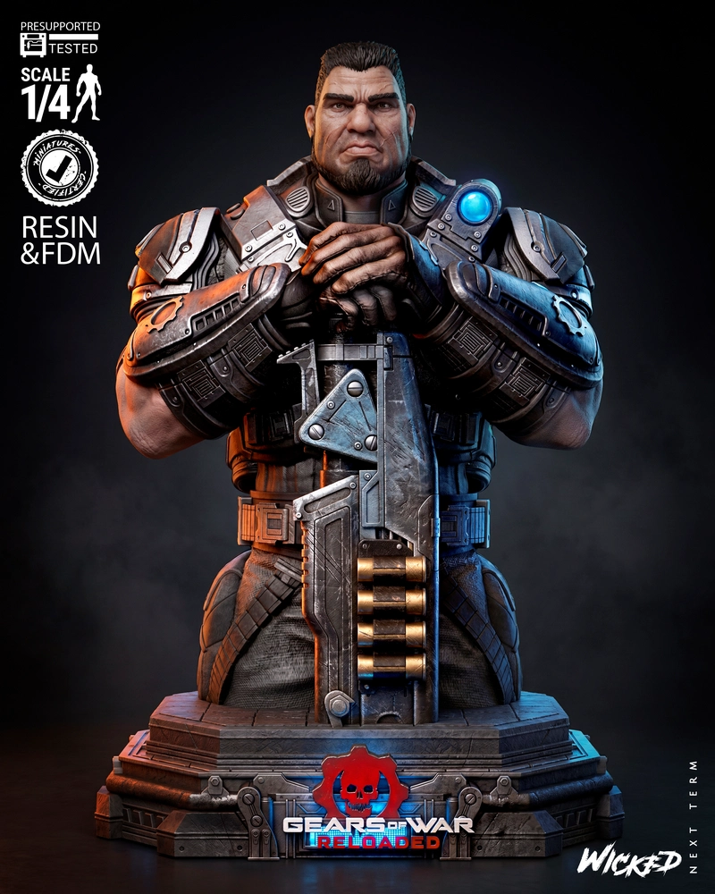 Dominic Santiago Gears of War bust in heavy armor on a display base