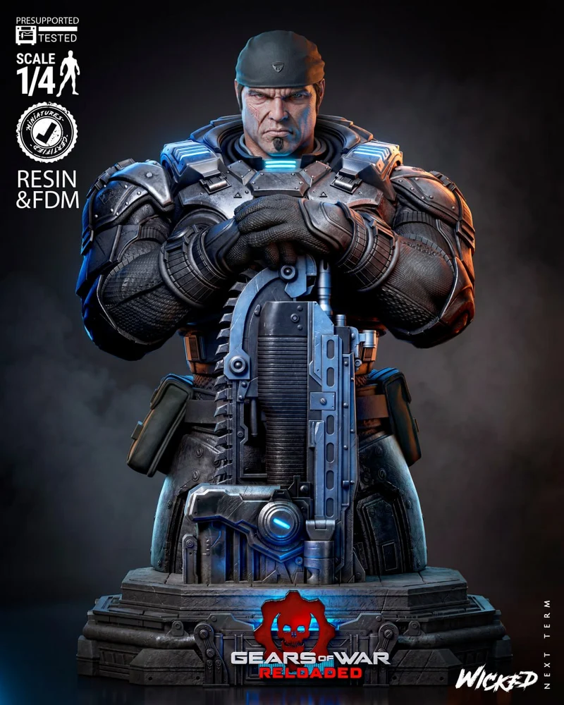 Marcus Fenix Gears of War bust in heavy armor on a mechanical base