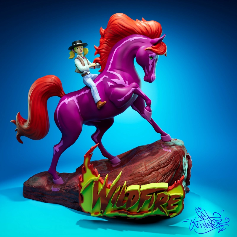 Wildfire rider on a purple horse atop a log-style display base
