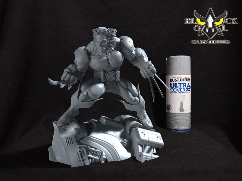 Marvel Wolverine fan-art statue with claws on a mechanical Sentinel-style base