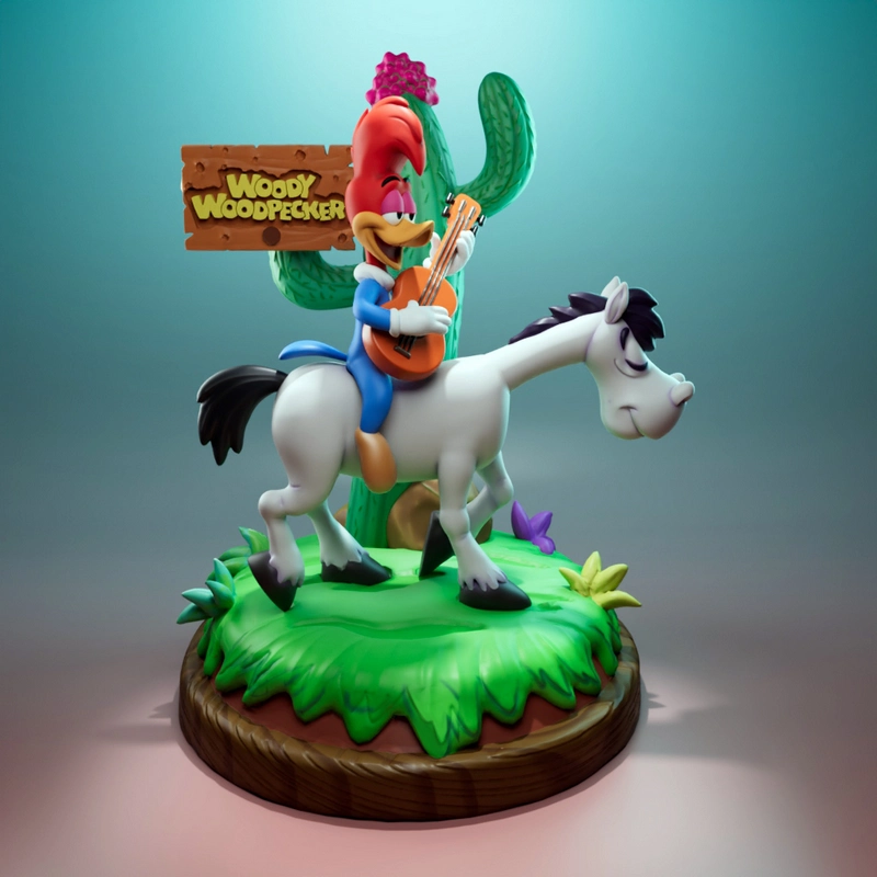 Woody Woodpecker riding a white horse with a guitar on a display base