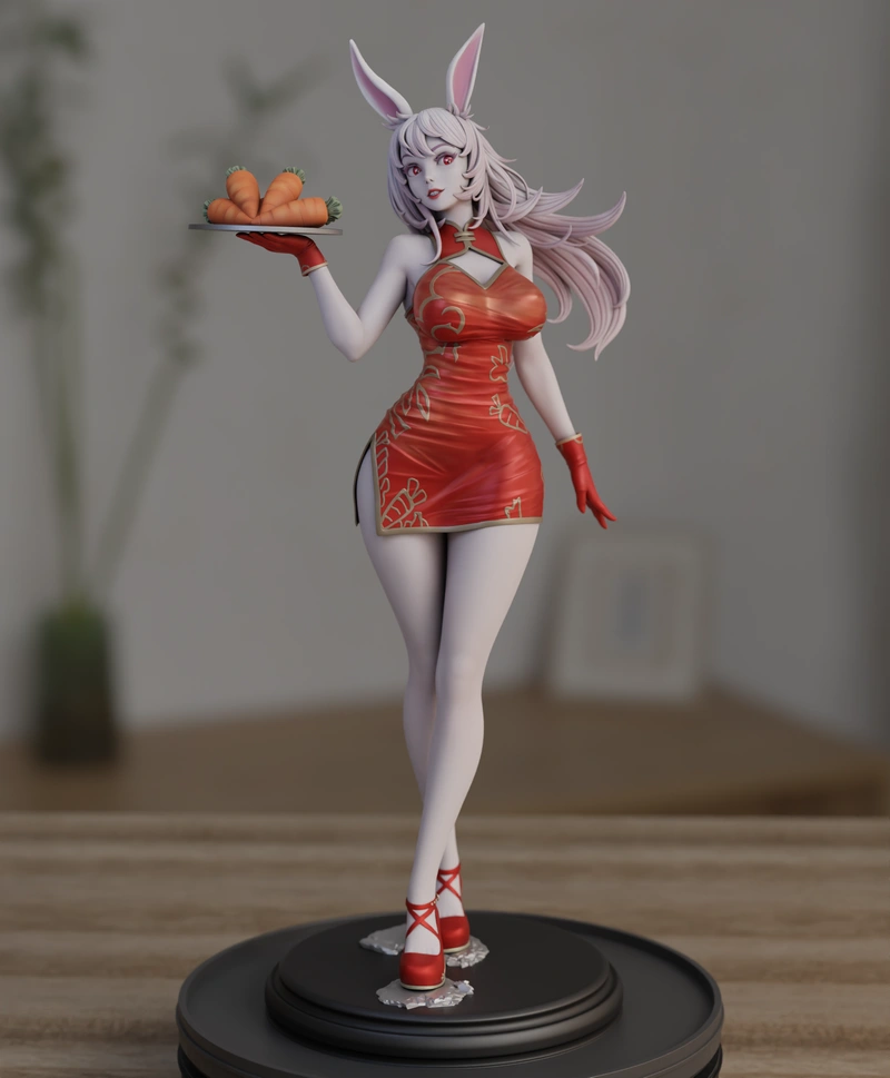 Rabbit-eared original character figure in a red dress holding carrots