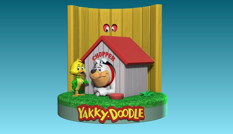 Yakky Doodle and Chopper beside a doghouse on a grassy diorama base