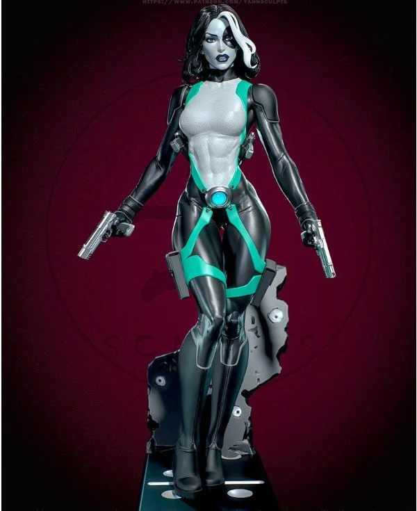 Domino Marvel character statue with twin pistols and teal costume accents