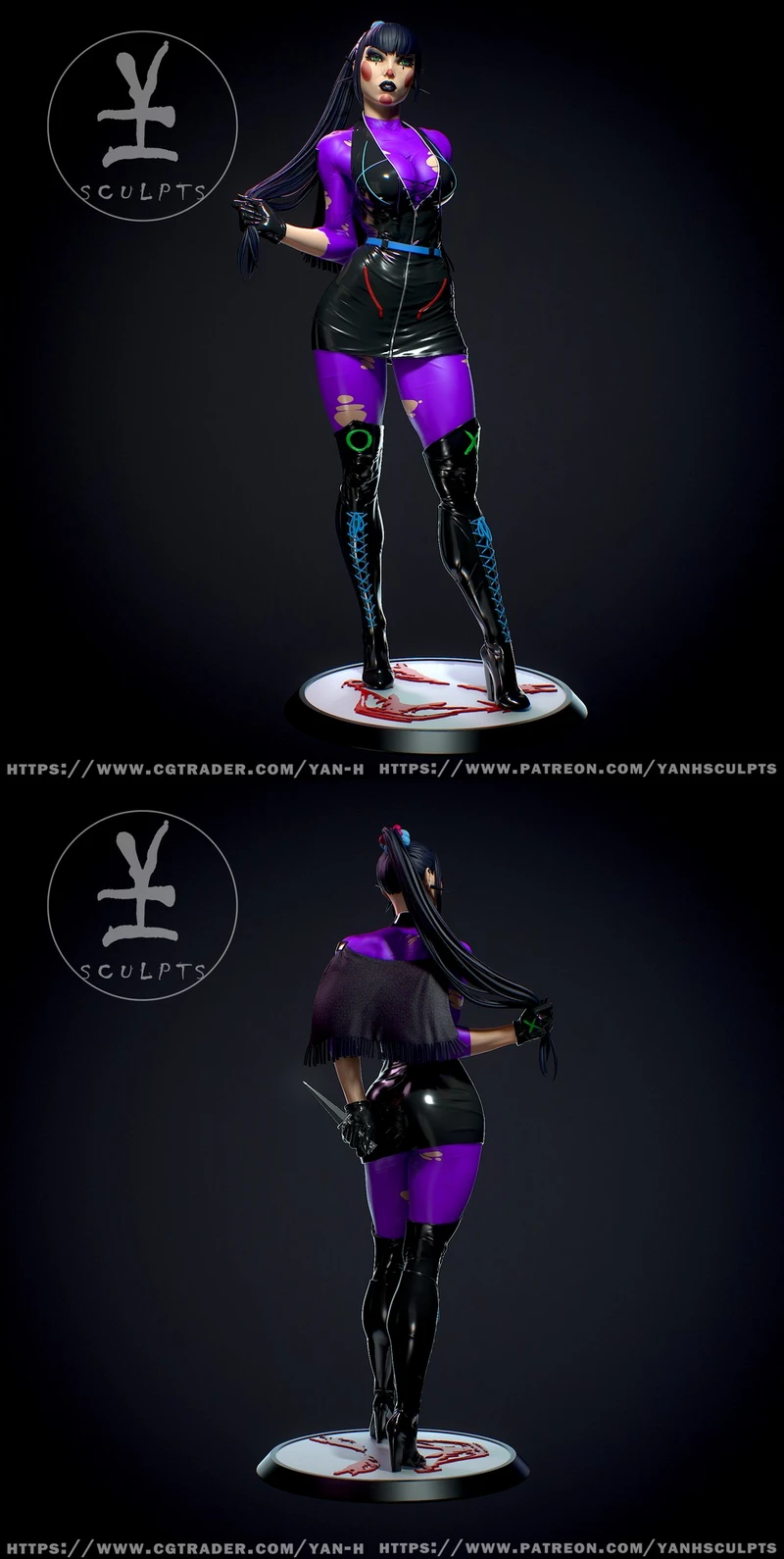 Punchline DC Comics figure in a purple and black outfit on a display base