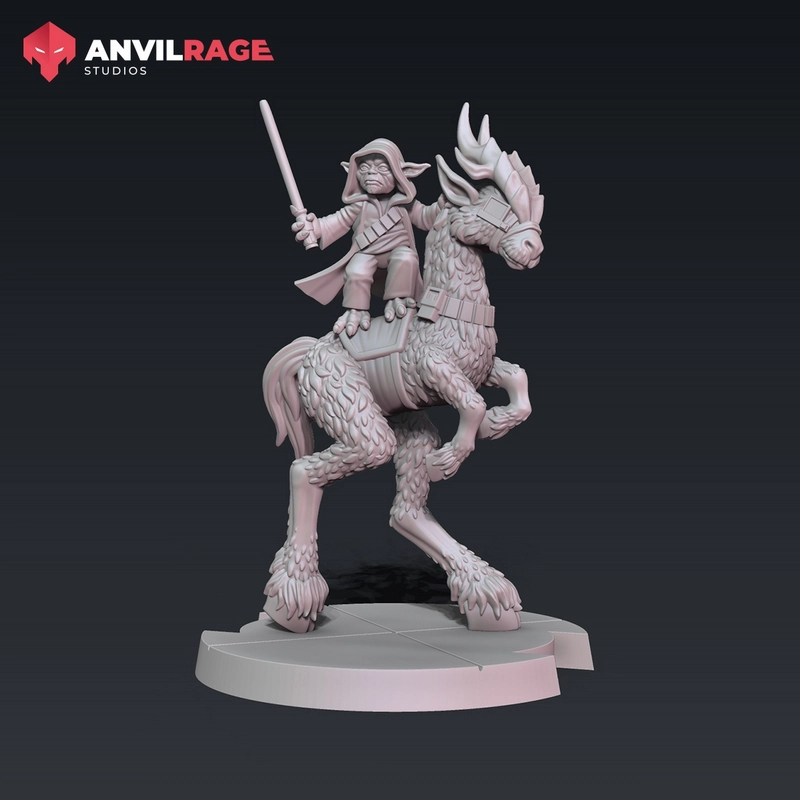 Yoda riding a horned Kybuck with a raised lightsaber on a display base