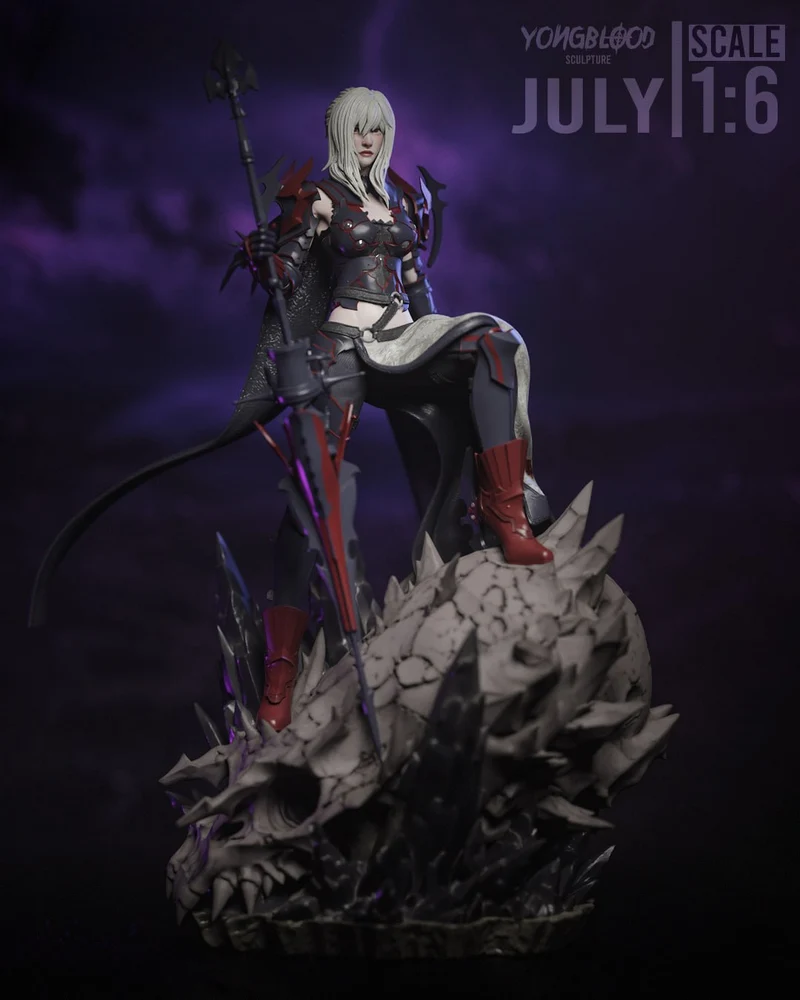 Aranea Highwind in dark armor standing on a spiked dragon-like creature