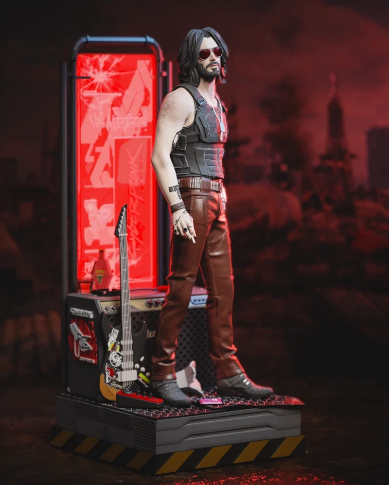 Johnny Silverhand Cyberpunk 2077 character statue with guitar and display base