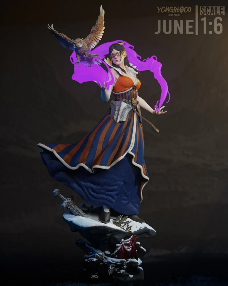 Philippa Eilhart figurine with purple magic and an eagle on a snowy base