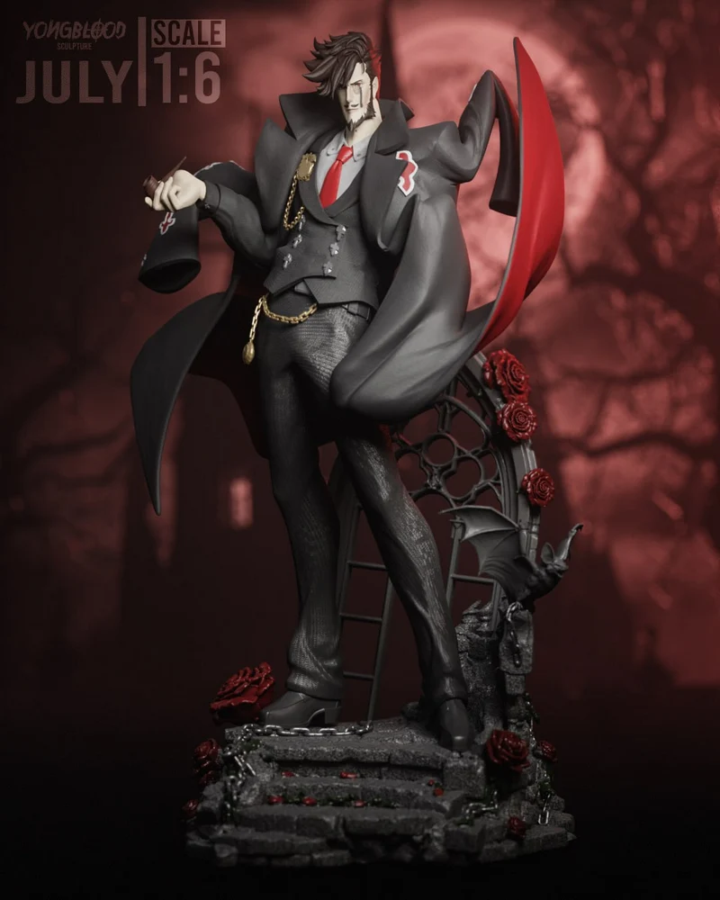 Slayer from Guilty Gear in a formal suit, red tie, flowing coat, and gothic rose-decorated display base