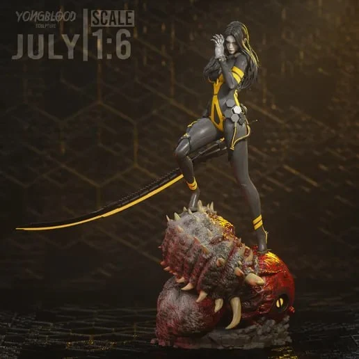 Tachy standing on a spiked creature with a curved blade