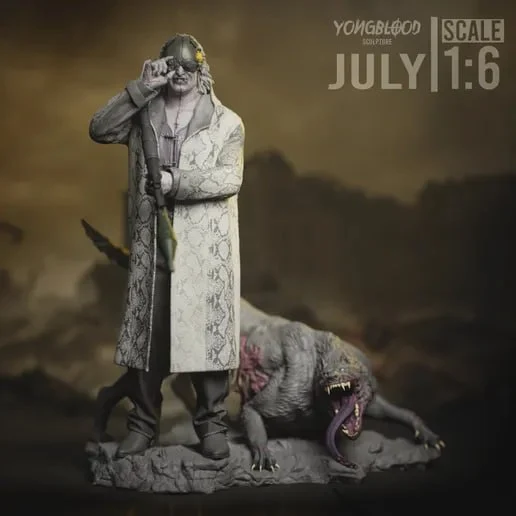 Victor Gideon in a long coat beside a snarling creature on a rocky base