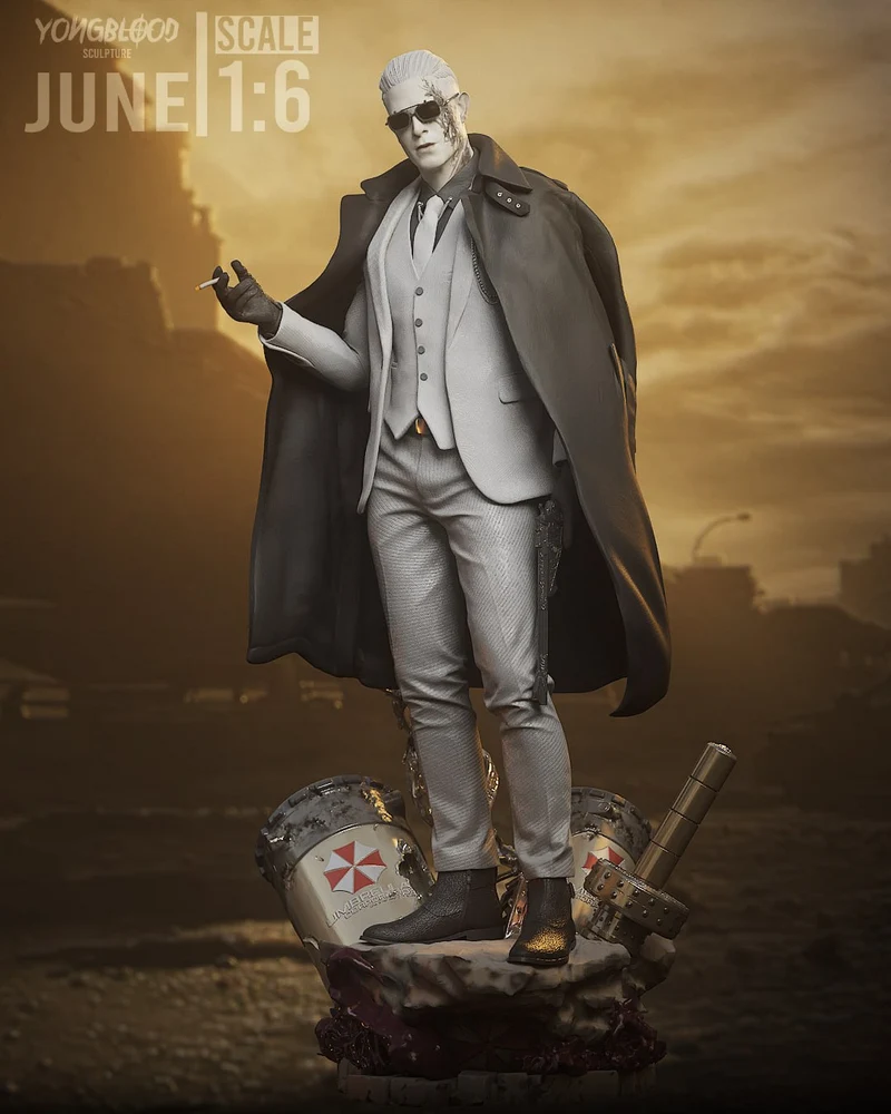 Zeno Resident Evil figure with white hair, sunglasses and a long coat