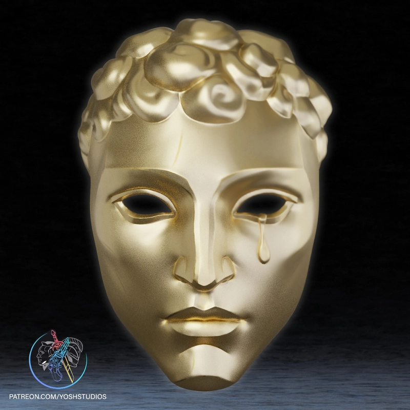 Gold Adam Warlock Blood Soul full-face mask with raised hair details and a tear accent