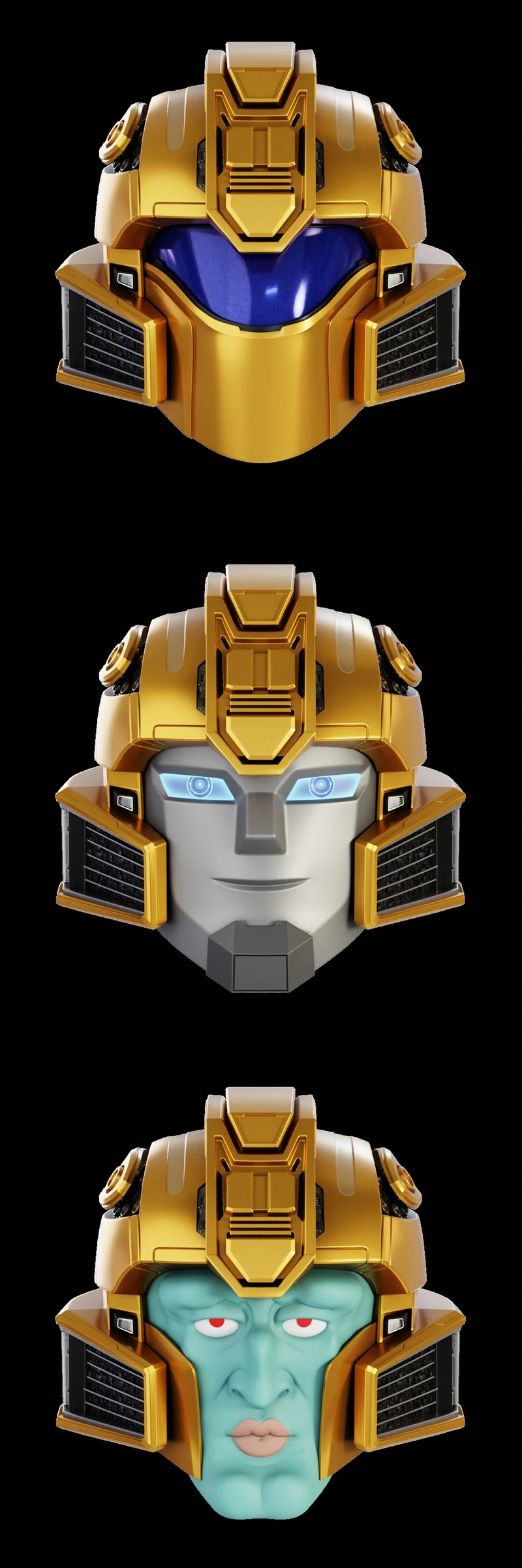 Bumblebee-inspired gold robotic helmet with three interchangeable face designs
