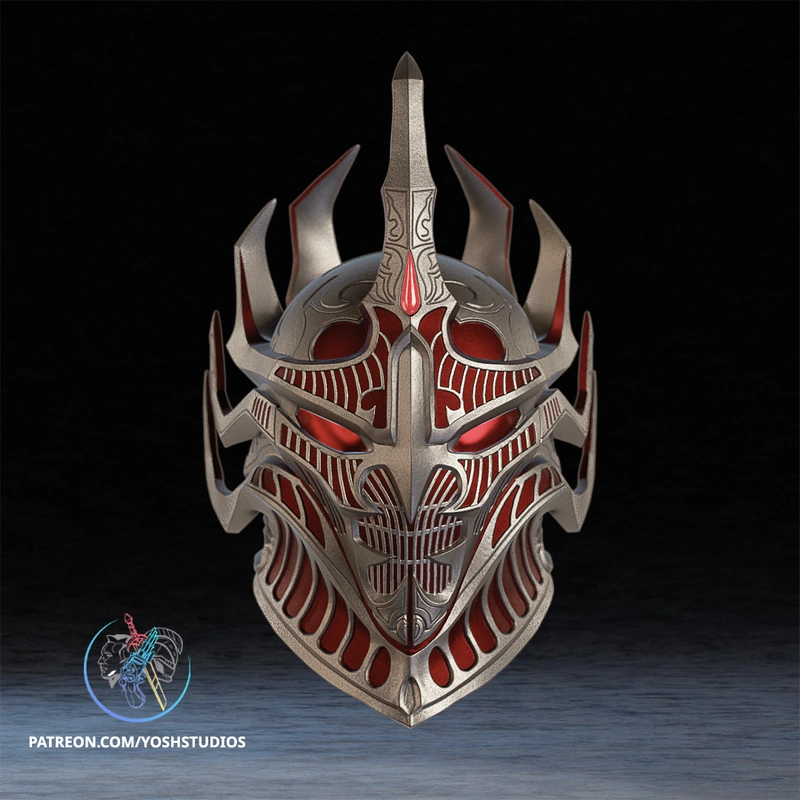 Daedric fantasy helmet with horns, red recessed details, and layered face armor