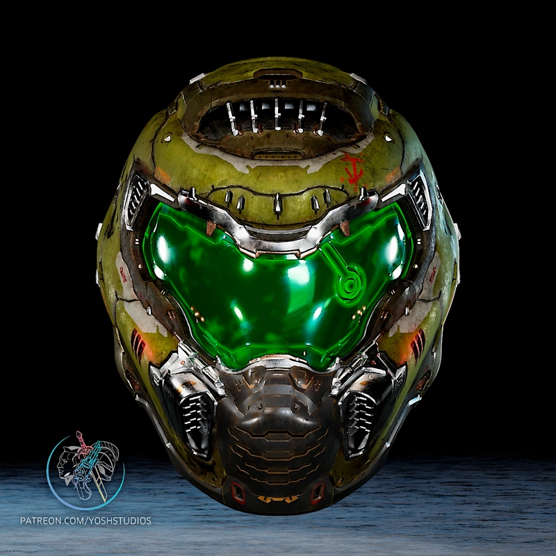Armored olive-green sci-fi helmet with a bright green visor and mechanical face mask