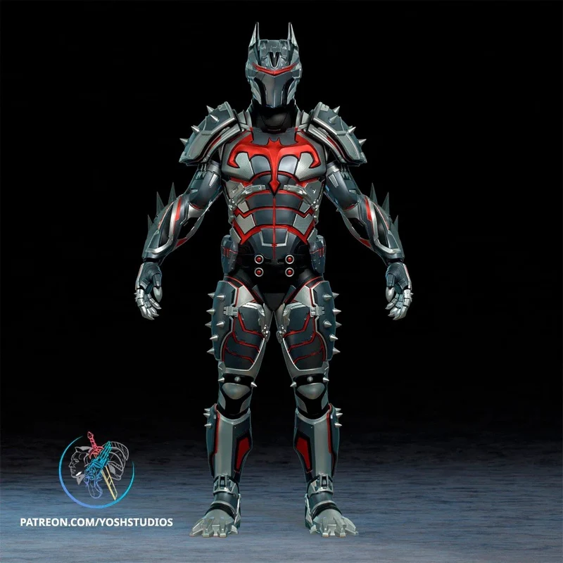 Front-view Hellbat armor cosplay suit with spikes, red accents, and pointed helmet
