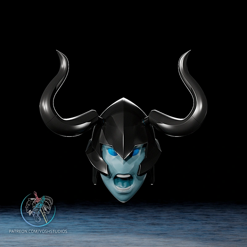 Horned Iron the Shadow helmet with a black shell and blue face