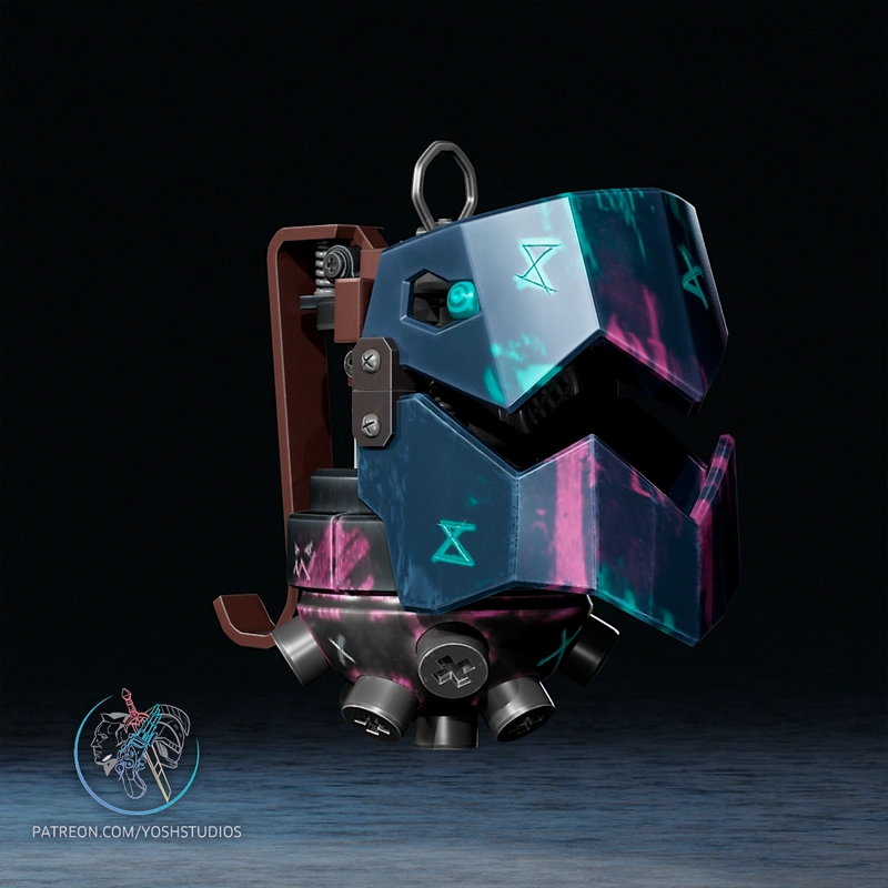Jinx grenade cosplay prop with blue, purple, cyan, and magenta mechanical details