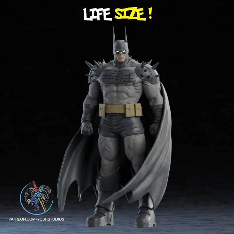 Life-size Absolute Batman statue with armor, cape, utility belt, and spiked shoulders
