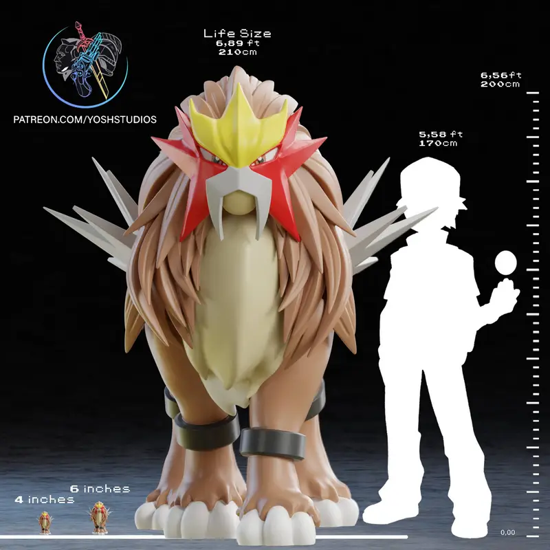 Life-size Entei Pokémon figure with red mask, gold crown, mane, and side spikes