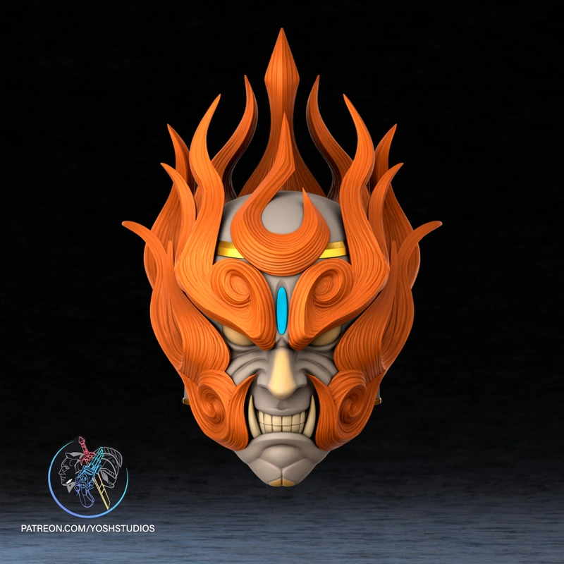 Front view of an Ajarakan-inspired horned helmet with orange ridges, tusks, and a blue forehead detail