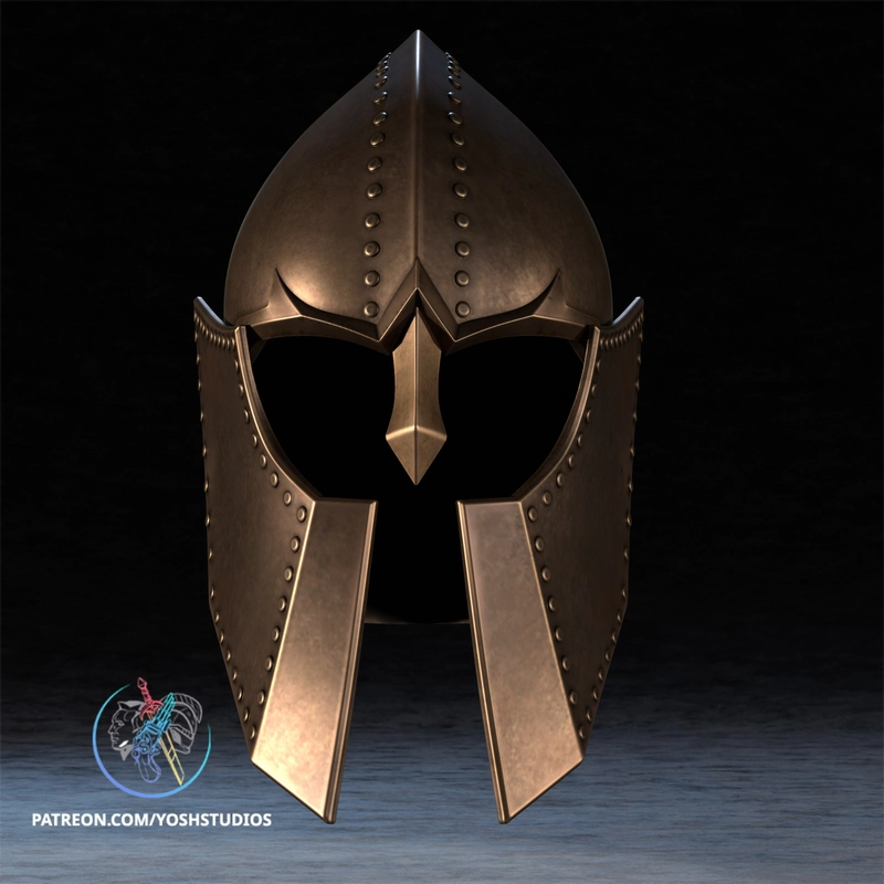 Oblivion Guard fantasy helmet with riveted plates and pointed crown
