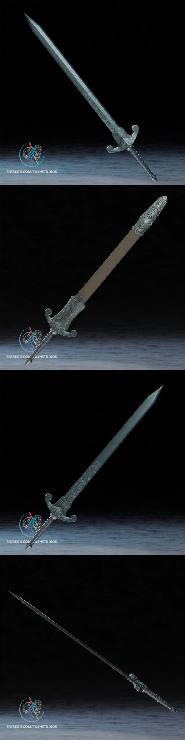 Oblivion-inspired fantasy sword with an ornate curled guard and wrapped grip