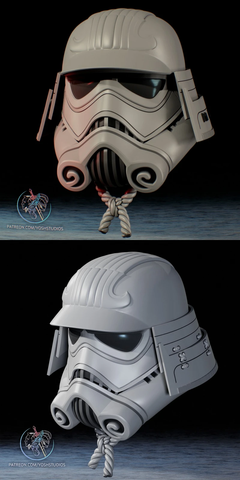 Samurai-inspired Star Wars Stormtrooper helmet with side guards and braided cord