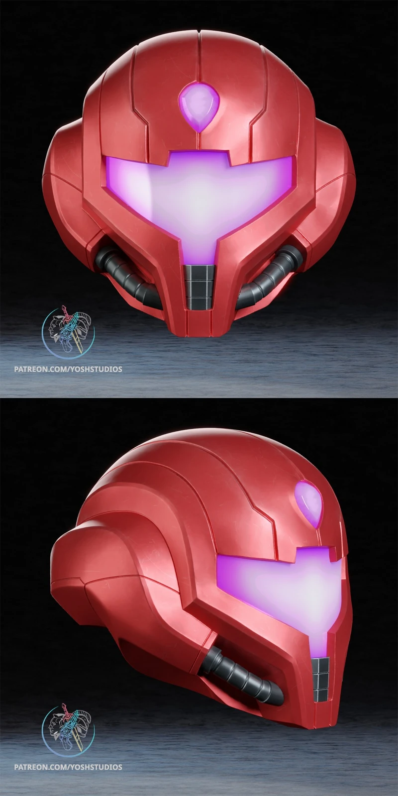 Red Samus Beyond 4 helmet with purple visor, front and side views