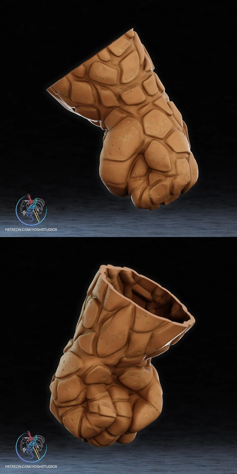 The Thing rocky hand prop with layered stone plates and an open cuff edge