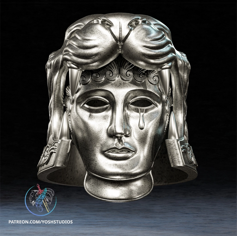 Tigris of Gaul Gladiator mask with ornate curls, side guards, and tusk-like details