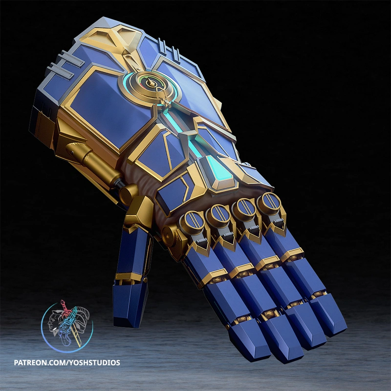 Blue-and-gold Vi mechanical gauntlet with cyan accents and segmented fingers