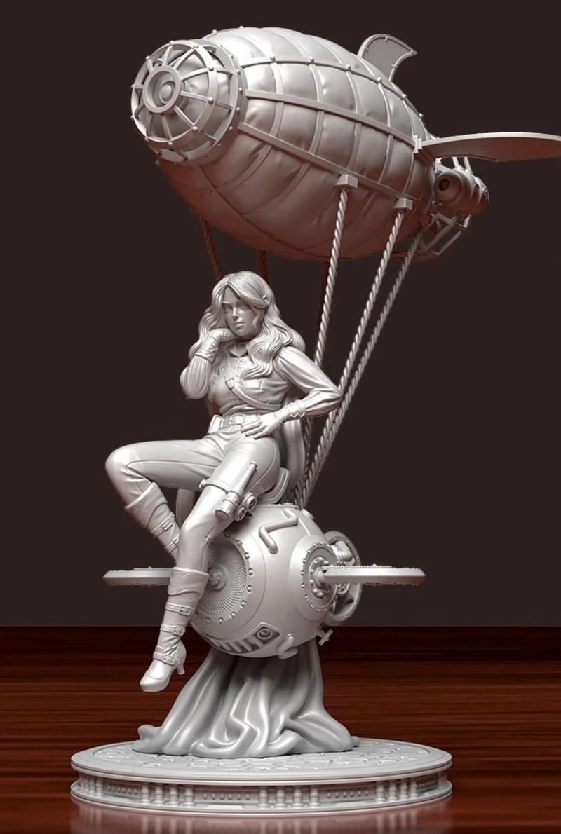 Original character seated beneath a ribbed zeppelin drone on a display base