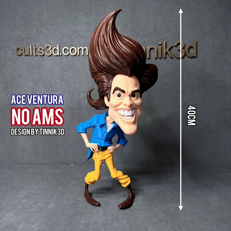 Ace Ventura caricature figure with tall hair, blue jacket, yellow trousers and a wide grin