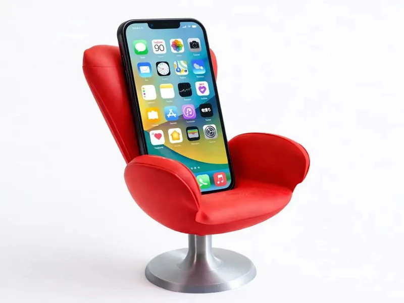 Red armchair-shaped phone stand holding a smartphone